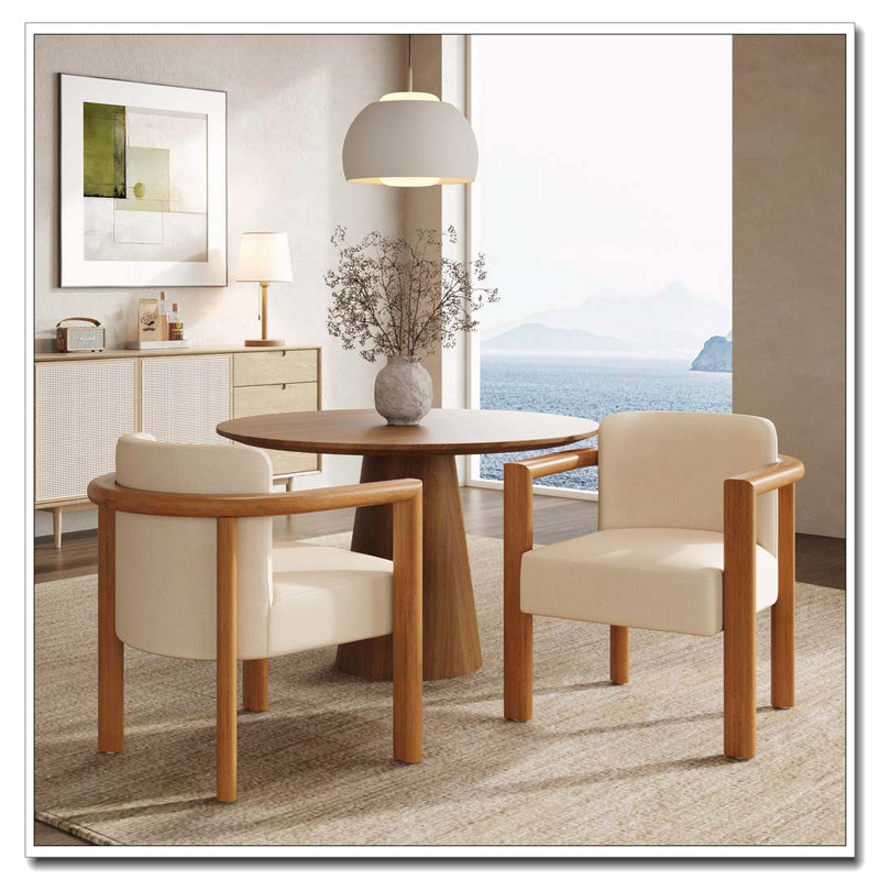 Fauteuil rembourré en tissu avec structure en bois d'hévéa noyer