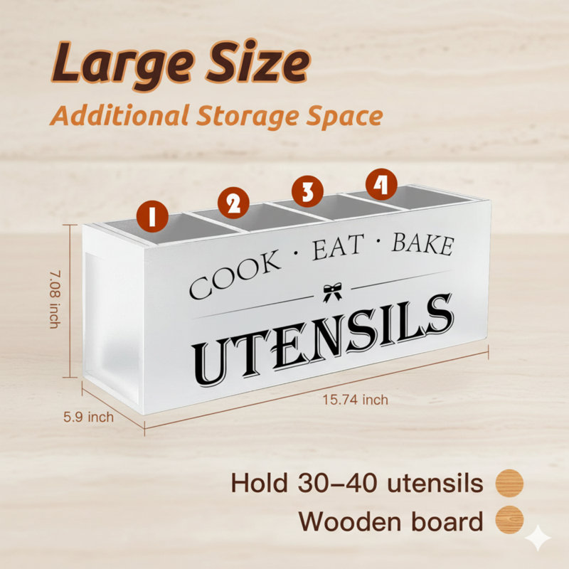 Très grand porte-ustensiles de cuisine avec 4 compartiments, organisateur d'ustensiles en bois pour comptoir de cuisine, décor de ferme, ustensile de cuisine rustique - grain blanc