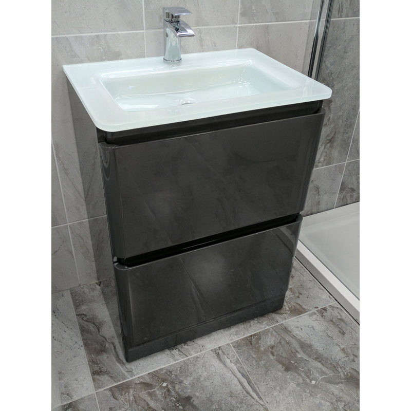 Bridge 595mm Single Bathroom Vanity with Integrated Glass Basin, Grey, White