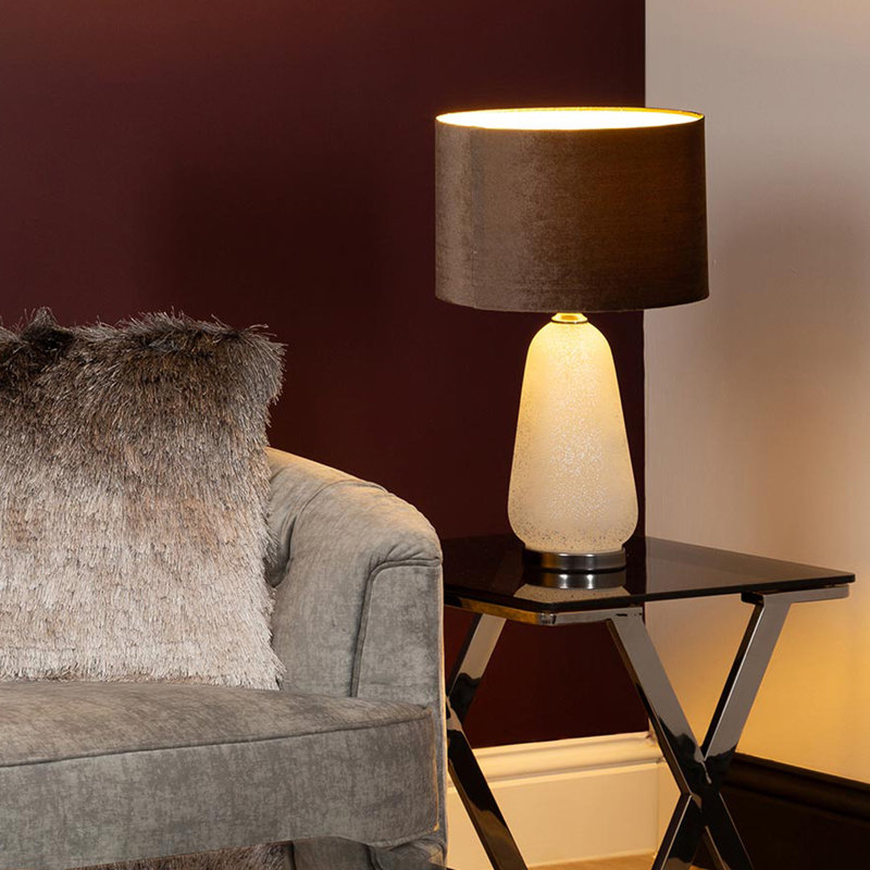 Alfeus 57cm Living Room Table Lamp with Glass Base, Velvet Shade Bedside Buffet Lamp for Bedroom, Mocha, Silver