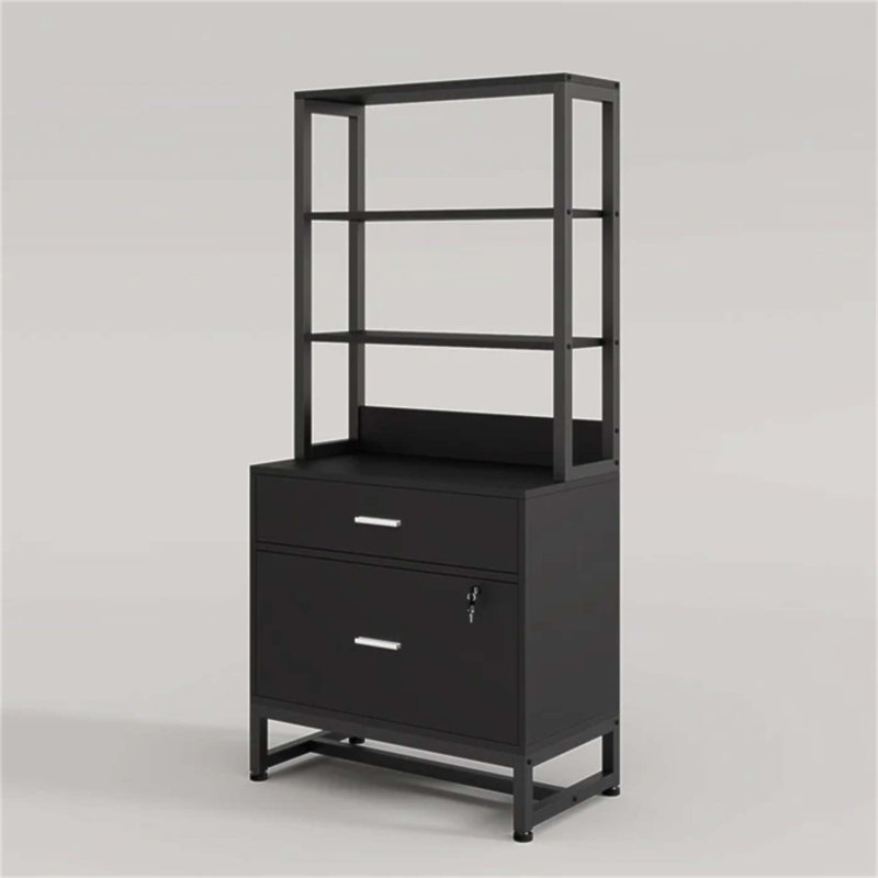 Spacious Filing Cabinet With Lockable Drawers And Open Bookcase For Office Organization, Black