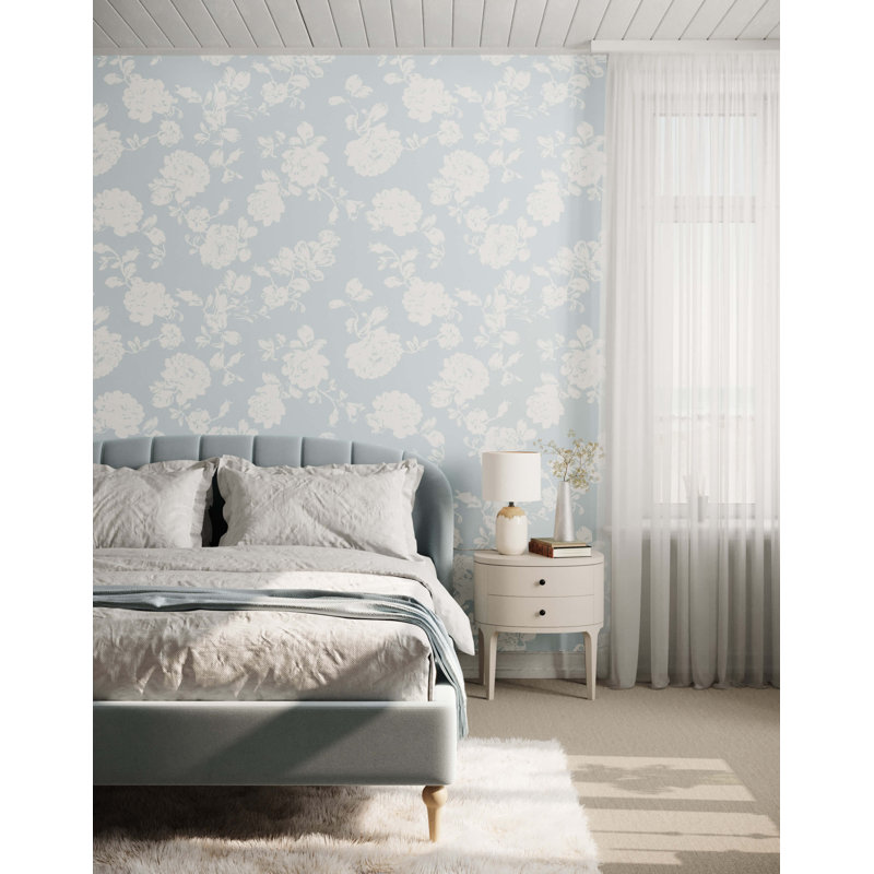 7m x 75cm Matte Stencil Effect Floral Wallpaper Roll, Blue