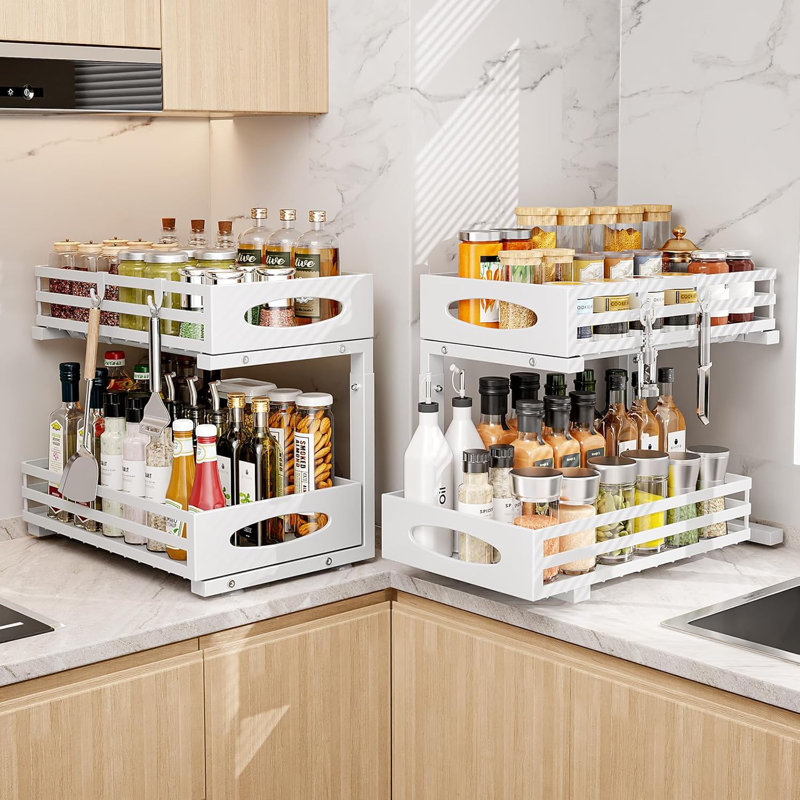 Under Sink Organizer Pull Out Cabinet Storage Shelf, Adjustable Height Steel Shelf For Kitchen Bathroom Cabinet, Double Sliding Design, Rust-Resistant Grid Surface