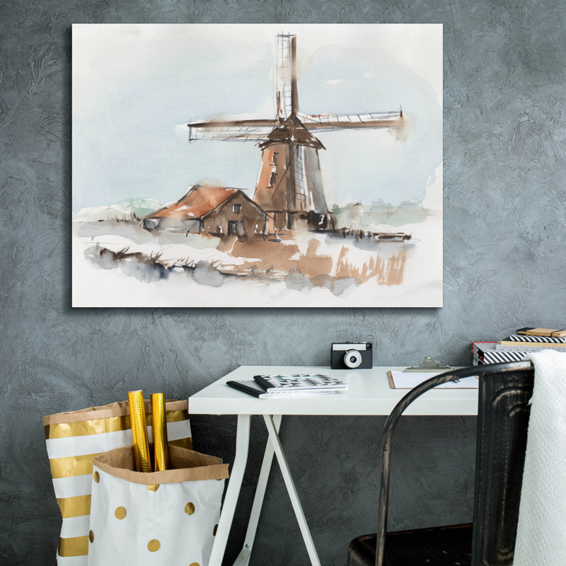 «Windmill Watercolor 1» par Ethan Harper, art mural sur toile, H 26 po x l 34 po
