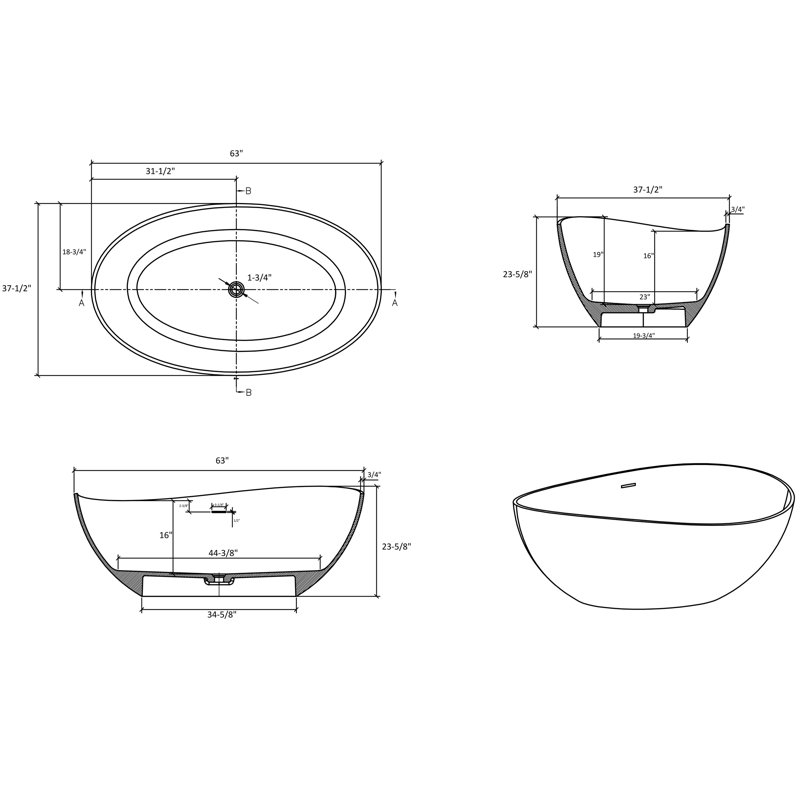 63'' x 37.5'' Freestanding Solid Surface Bathtub