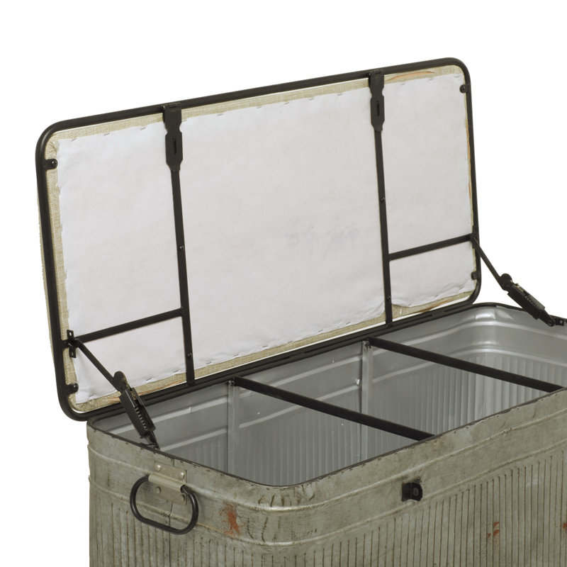 Gray Metal Galvanized Room Storage Bench with Cream Burlap Top and Black Latches, 38" x 16" x 19"