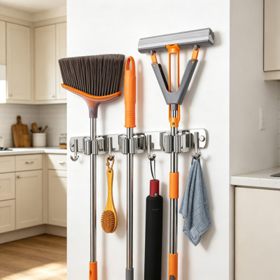Heavy Duty Mop And Broom Holder Wall Mount, Non-Slip Broom Hanger Organizer With 3 Grippers And 4 Hooks For Kitchen, Garage, Laundry Room Storage