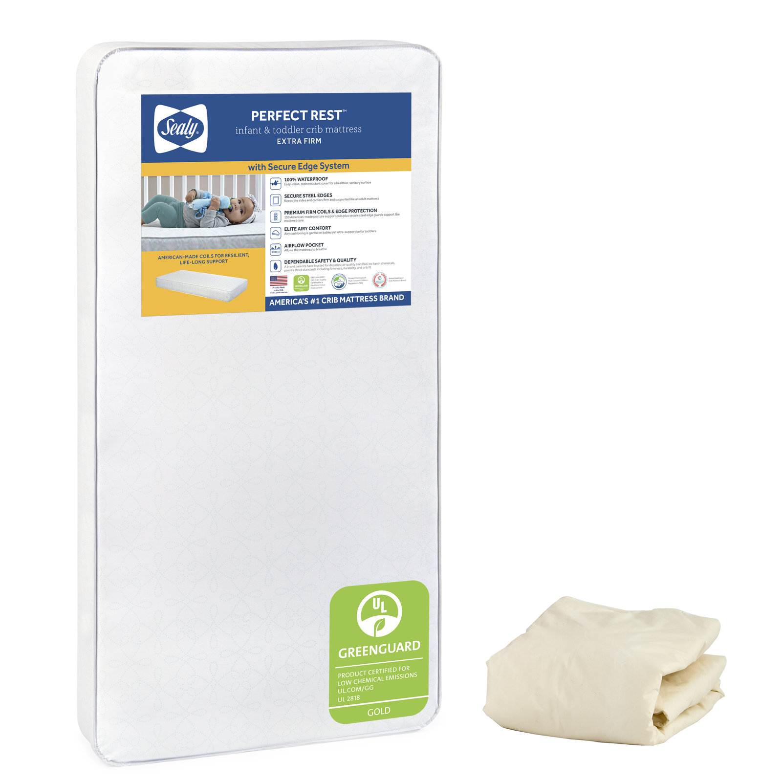 Sealy Baby Premium Firm Waterproof Crib Mattress, Mattress and Pad