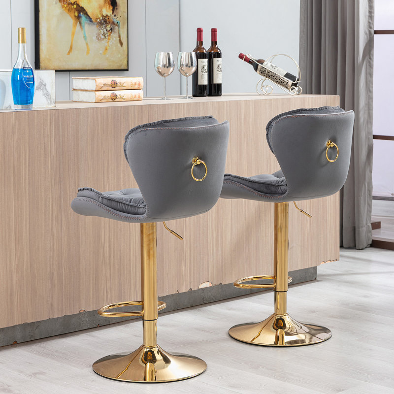 Ensemble de 2 tabourets de bar réglables avec repose-pieds chromé et base pivotante, Gris