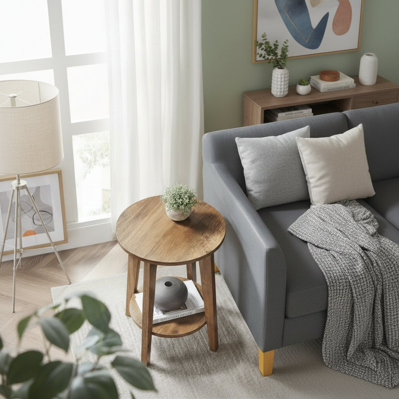 Rustic Walnut Wood Farmhouse Style Small Side Table, Round Living Room Corner Beverage Table