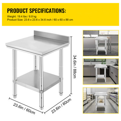 24 x 24 x 35 Inch Stainless Steel Work Table, Commercial Food Prep Worktable Heavy-Duty Prep Worktable, Metal Work Table with Adjustable Height for Restaurant, Home and Hotel