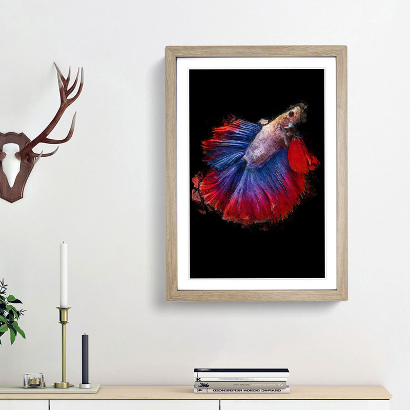 Siamese Fighting Fish in Abstract - Picture Frame Painting Print, 36cm H x 27cm W x 2cm D, Oak Framed