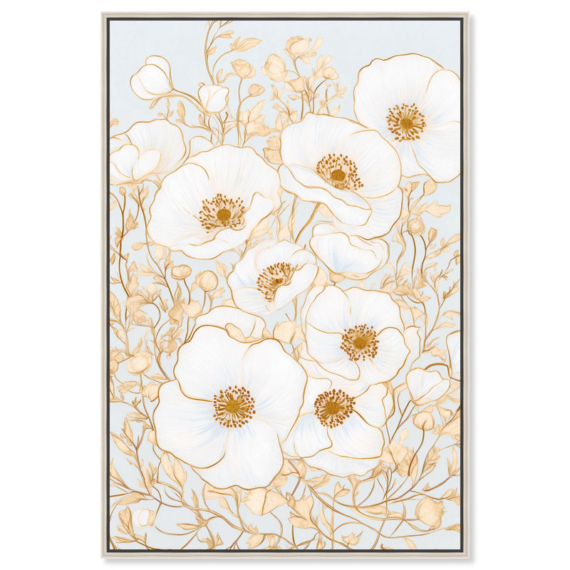 «White and Gold Poppies I», art floral élégant par , H 16 po x l 11 po, Encadrement argenté