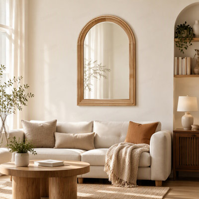 Miroir mural arqué avec cadre en bois, H 35,43 po x l 23,62 po, miroir décoratif rustique pour salle de bain, meuble-lavabo, salon (finition chêne naturel)