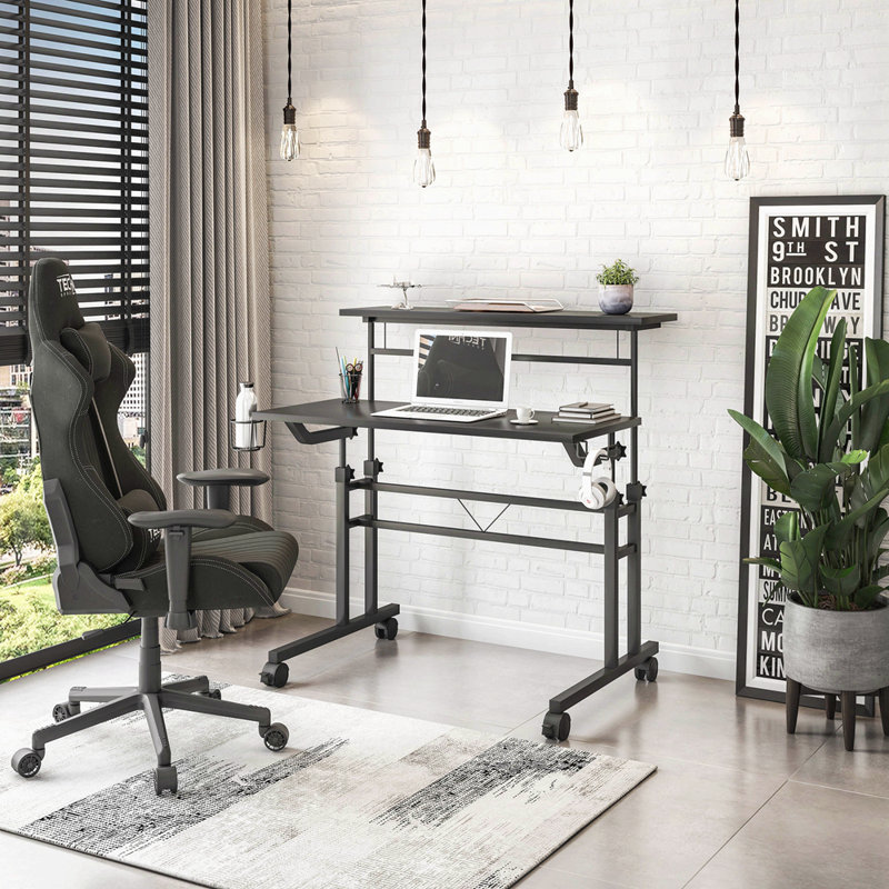 Techni Mobili Rolling Writing Desk With Height Adjustable Desktop And Moveable Shelf, Black