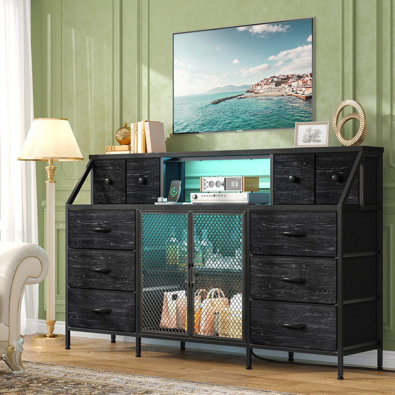 55"W 10 Drawer Dresser For Bedroom With Mesh Door, Led Light & Power Outlets, Black