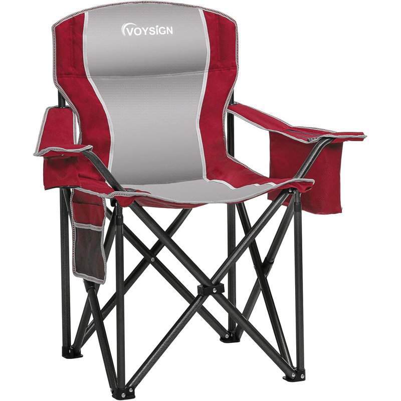 Folding Camping Chair Oversized Heavy Duty Padded Outdoor Chair With Cup Holder Storage And Cooler Bag, 450 Lbs Weight Capacity, Thicken 600d Oxford, Red