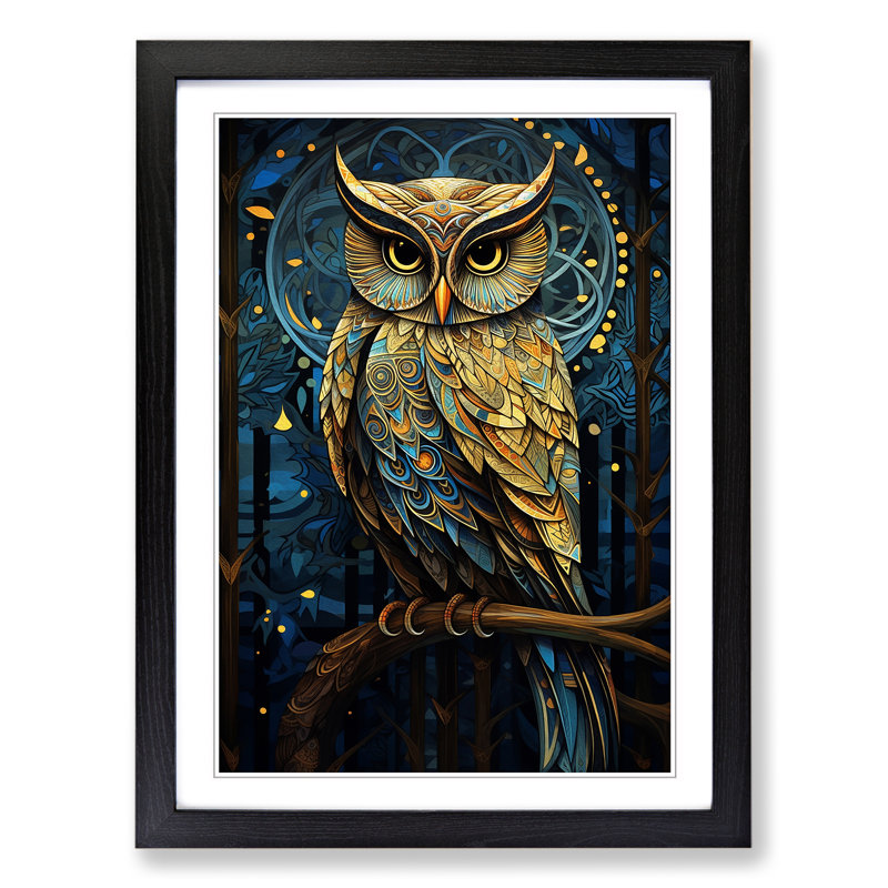 Owl Art Deco - Single Picture Frame Print on Wood, Black Framed, 34cm H x 25cm W x 2cm D