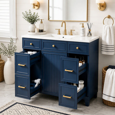 Meuble-lavabo double de 91 cm avec lavabo, armoire de rangement autoportante avec portes et tiroirs