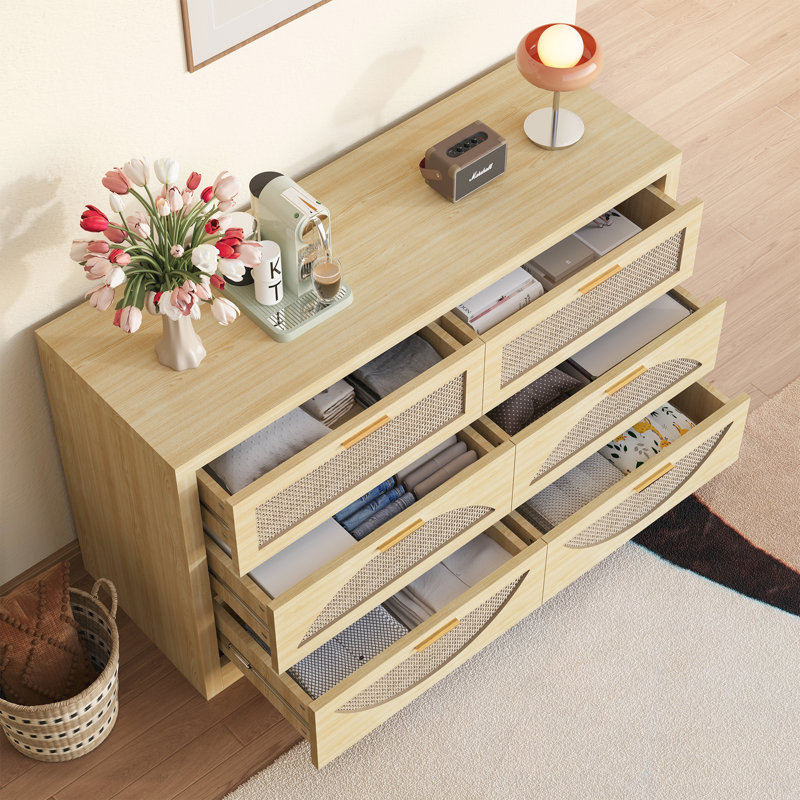Rattan Storage Dresser With 6 Drawers, Wooden Cabinet For Bedroom & Living Room, Arc, Wood