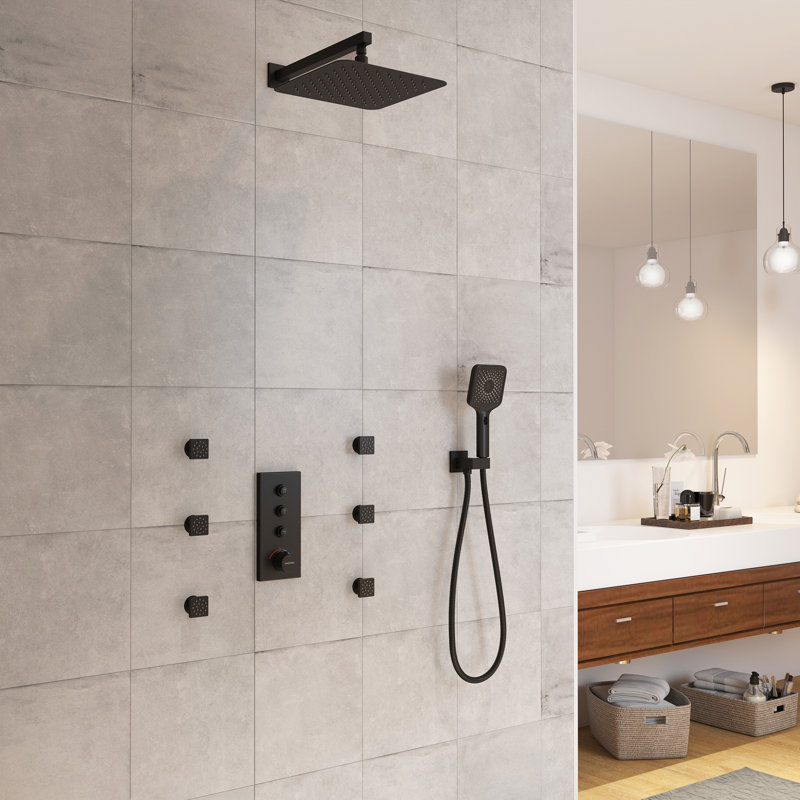 3 Functions 12 Inch Wall Mount Thermostatic Shower System with 6 Body Jets, Matte Black