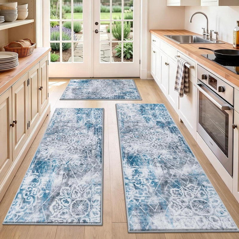 Tapis de cuisine antidérapant lavable et rétro Boho (ensemble de 3), Bleu