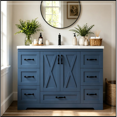 Meuble-lavabo de salle de bain avec lavabo, 7 tiroirs de rangement, tablette réglable et barre à serviettes latérale