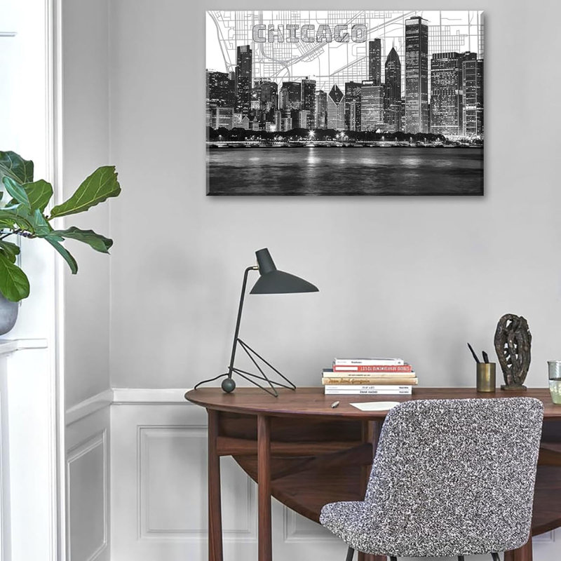 «Chicago Skyline», reproduction d'art sur toile encadrée - affiche moderne de paysage urbain noir et blanc pour une décoration de bureau à domicile prête à suspendre, œuvre d'art 24 po x 36 po