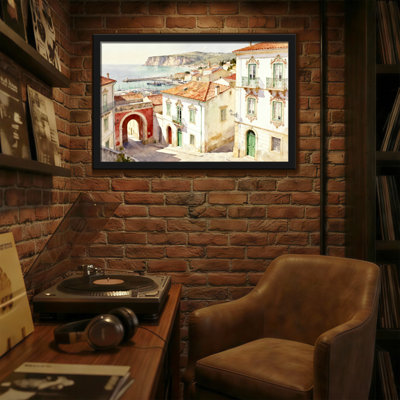 Scenic & Cityscapes Mediterranean Coastal Village Scene Watercolor Art