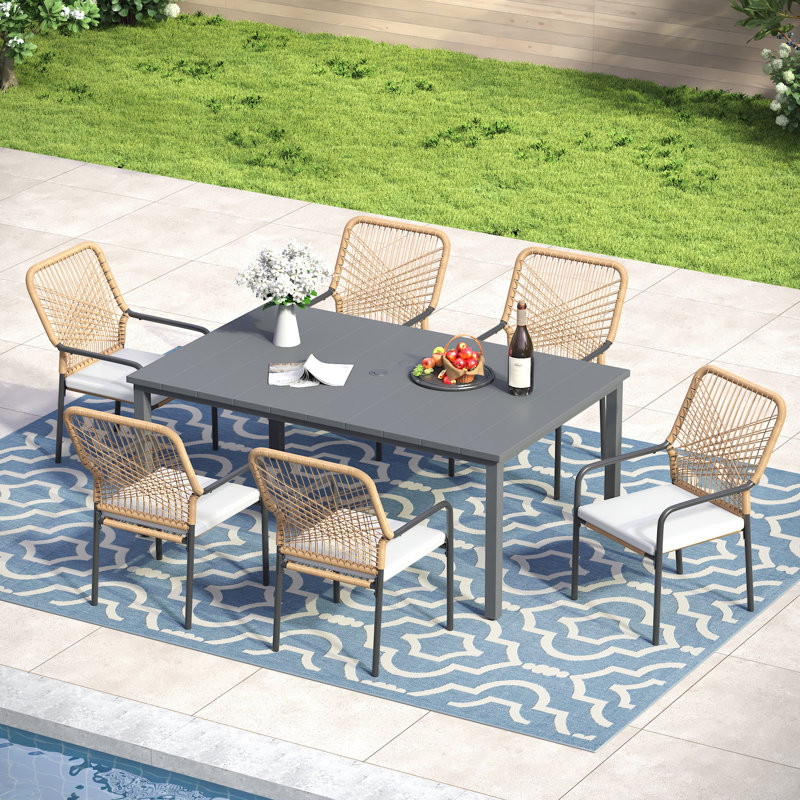 6-Person Rectangular Patio Dining Set with Cushioned Stackable Rattan Chairs, Gray