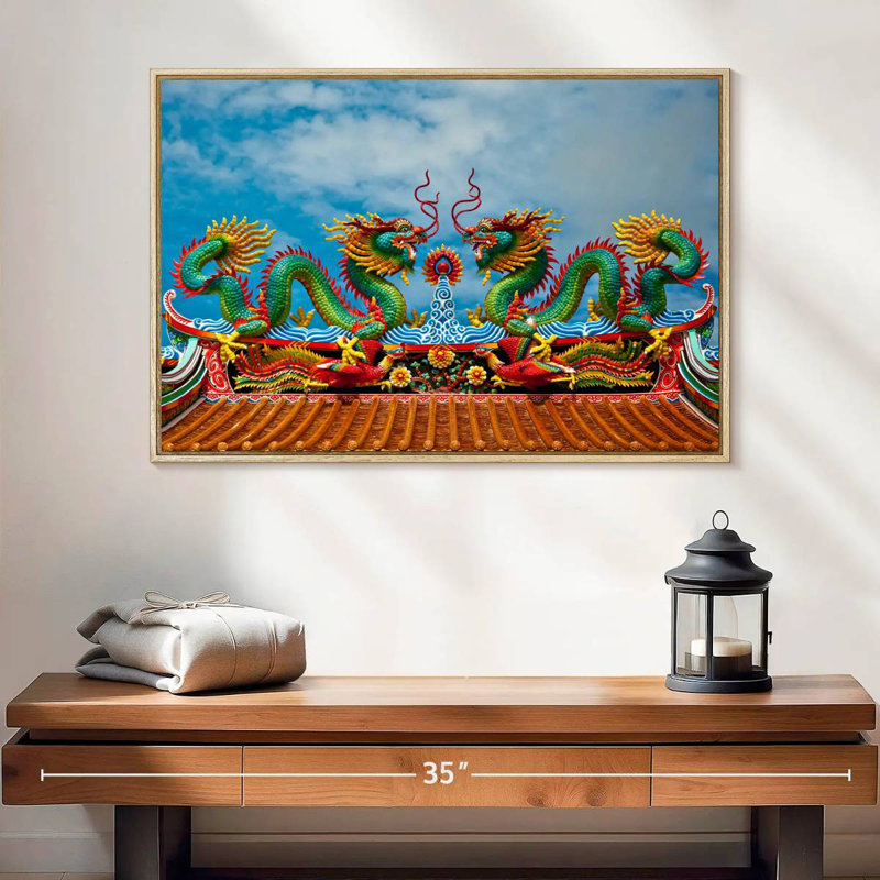 Simple dragon oriental, 25 po x 17 po, Cadre flottant en bois naturel