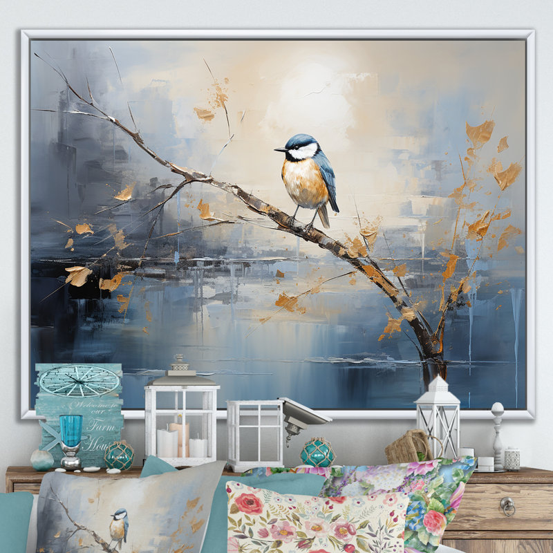 Art mural doré et bleu au printemps I - oiseau sur un arbre, Cadre flottant blanc, H 30 po x l 40 po x P 1,5 po