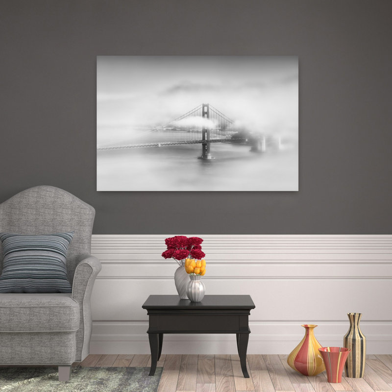 Misty Golden Gate Bridge, architecture contemporaine abstraite, impression d'art mural d'automne, H 32 po x l 48 po