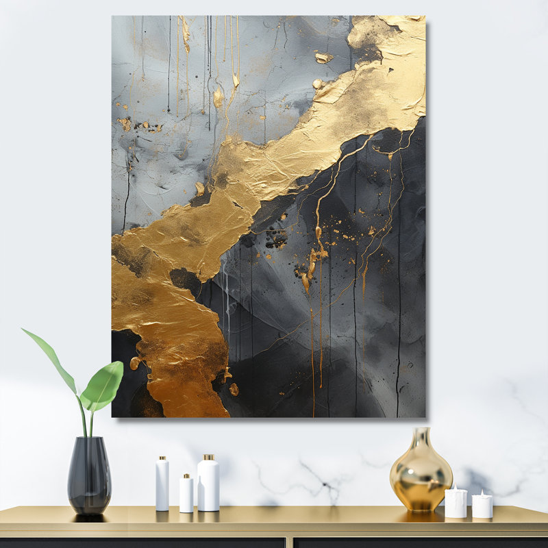 Minimalisme, chrome doré et poteries noires I sur toile, H 32 po x l 16 po, Toile tendue