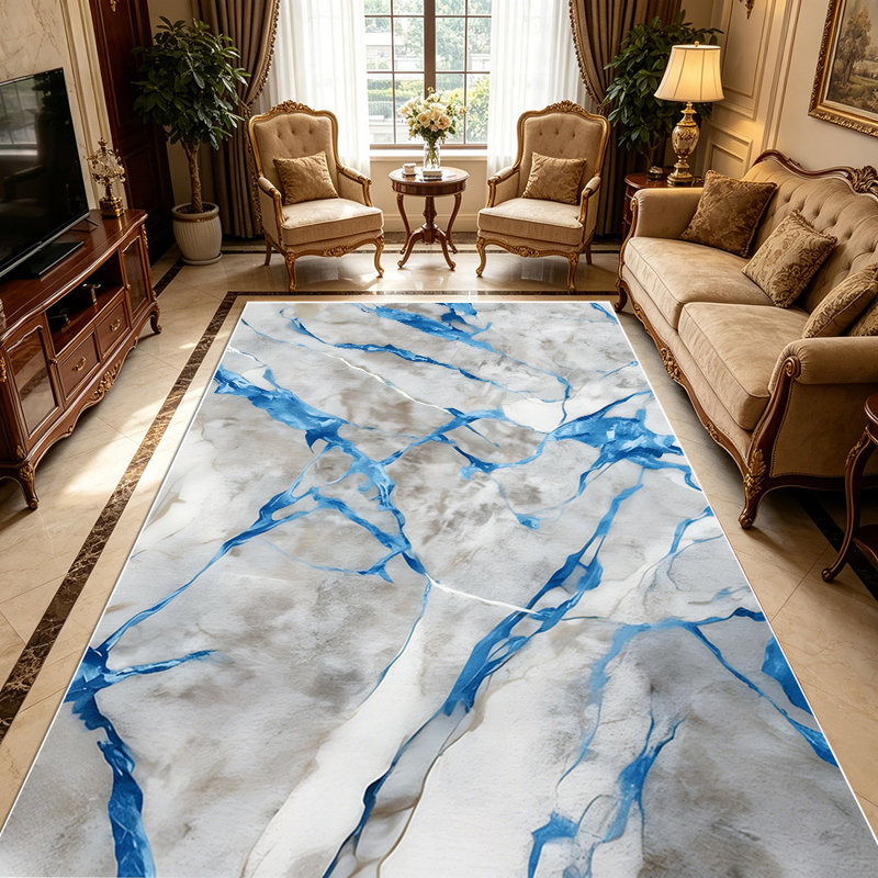 1PC Blue and Grey Marble Veined area rugs for Living Room, Soft and Comfortable, Suitable for all seasons, easy-to-maintain, machine washable Indoor floor mat, Under Table Farmhouse suitable for dining table, kitchen, bedroom, entryway, home office,