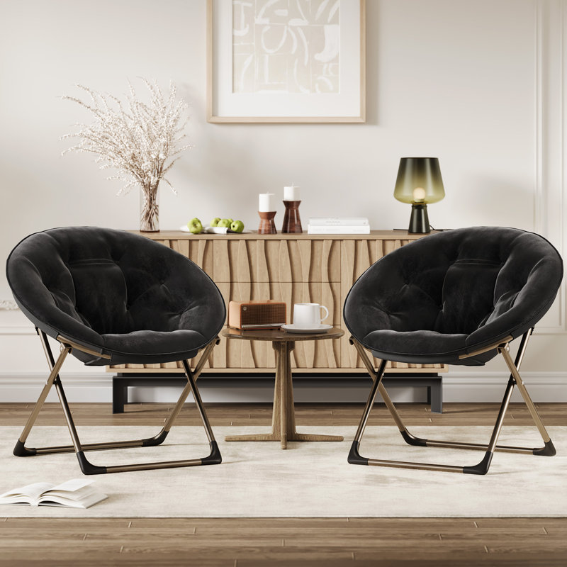 Comfy Faux Fur Saucer Chair, Folding Moon Lounge Chair for Bedroom, Living Room, Dorm, Sturdy Metal Frame, Accent Reading Seat for Adults - Black