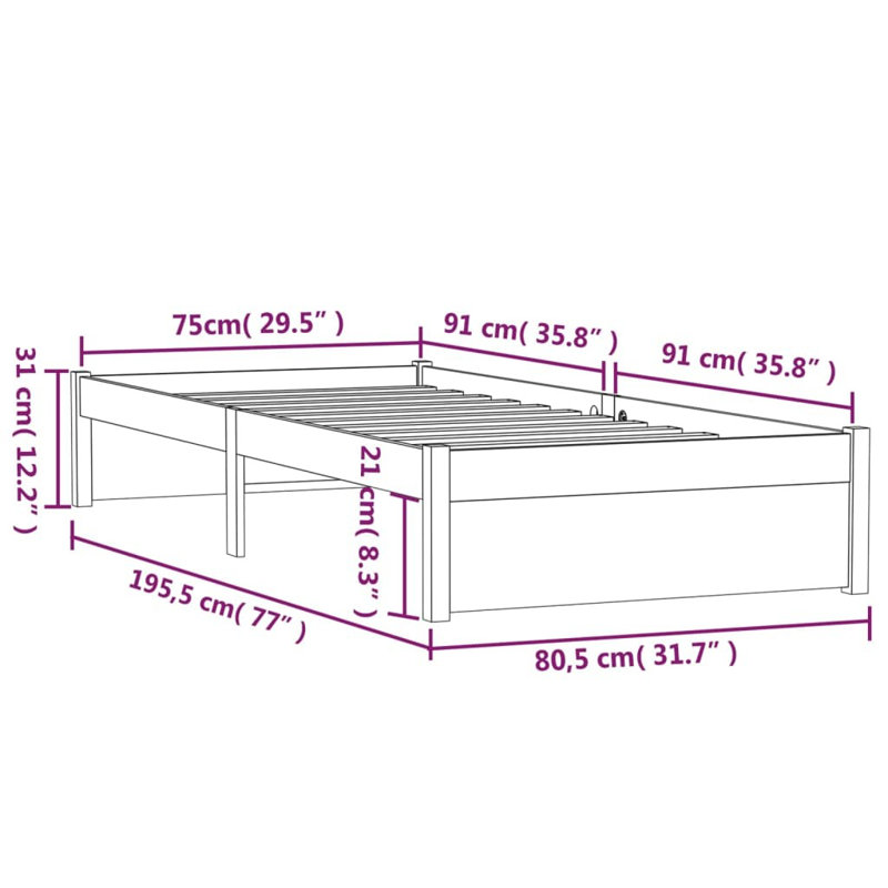 Bed Frame Solid Wood, white, Small Single (2'6')