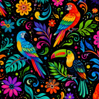 Peel and Stick Wallpaper Mexican colorful ornate ethnic seamless Birds flowers dark Contact Paper Removable Self Adhesive Wall Mural Wall Decor for Bedroom Kitchen Cabinets 17.7in x 118in