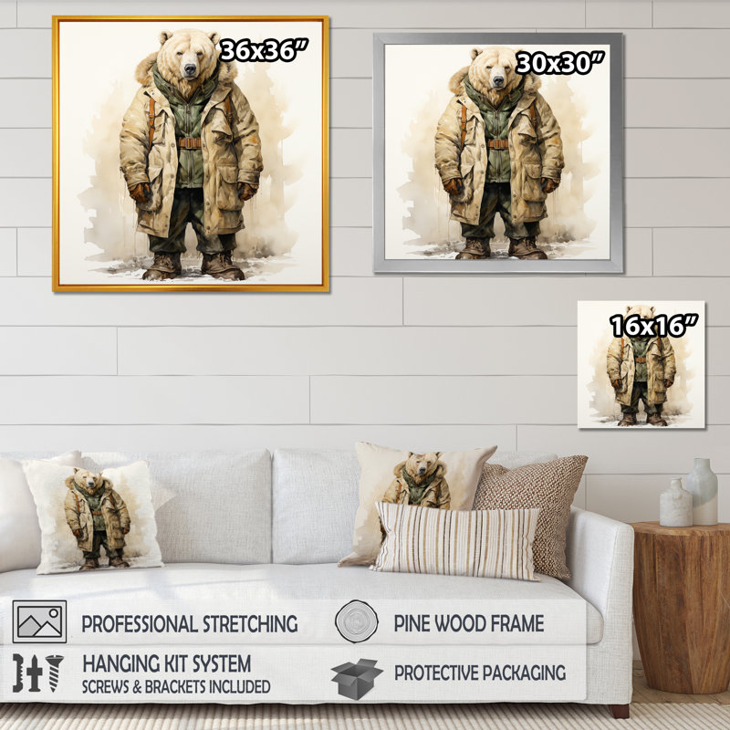 Bear In A Parka Jacket - Bear 2 Wall Art, Gold Single Picture Framed, 16" H x 16" W x 1" D