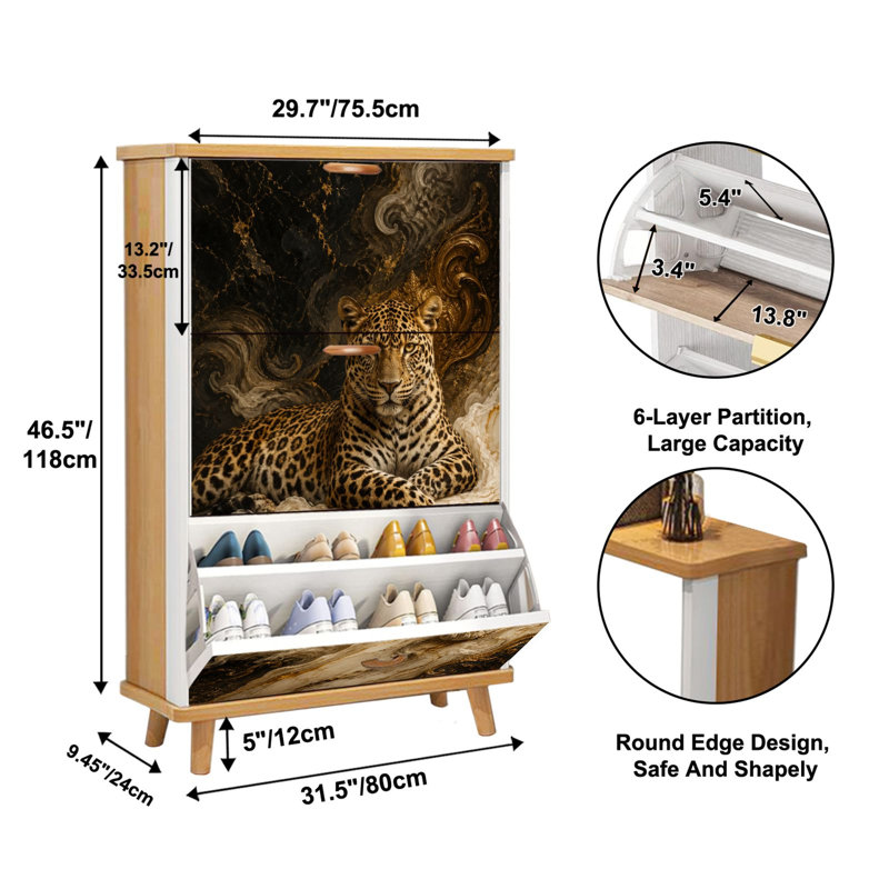 Meuble à chaussures à 3 tiroirs rabattables, motif léopard majestueux, élégant motif tourbillonnant en marbre, étagère à chaussures étroite et discrète en bois, idéale pour entrée, couloir, hall d'entrée, dressing ou petit espace en appartement.