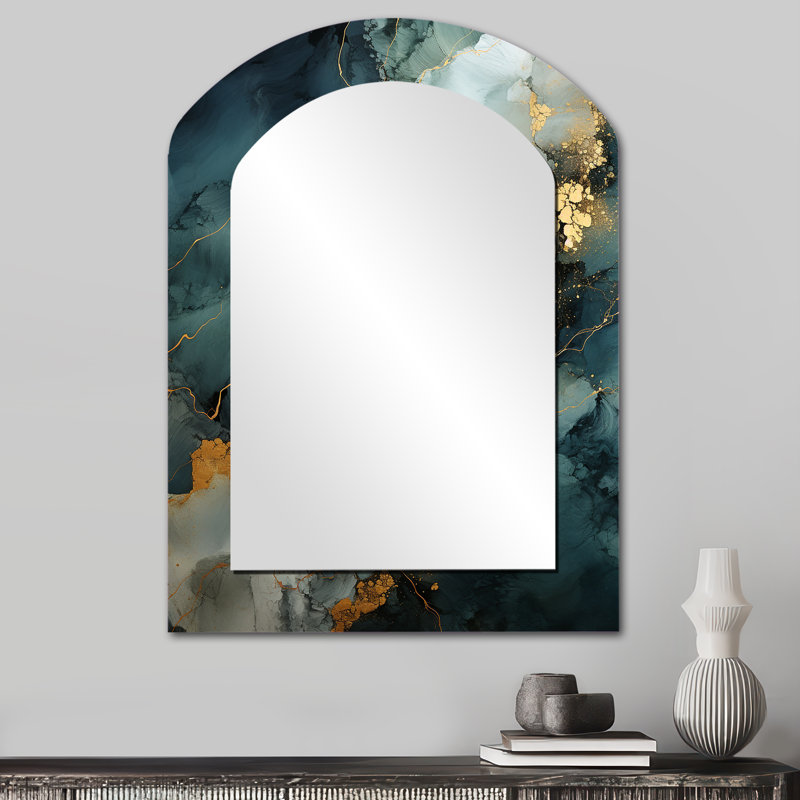 Gold and Green abstract marble design I - Marble Arch Mirror, Gold Asymmetrical Decorative Wall Mirror, Printed Metal Art