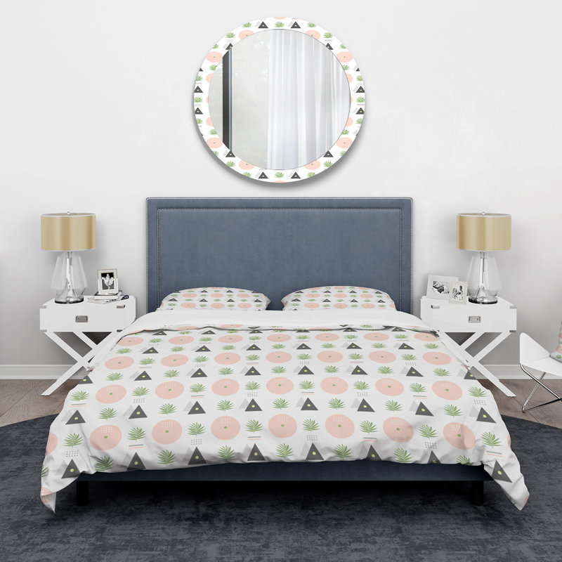 Pink Circles Dark Gray Triangular Geometrics - Modern Duvet Cover Set - Microfiber Polyester