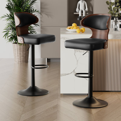 Bar Stools Set of 2 Seat Adjustable Height 62.2-85.1cm Bentwood Swivel Barstools with Back & Footrest - PU Leather Upholstered Bar Chair for Bar, Kitchen, Dining Room