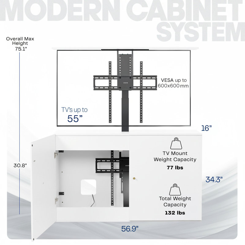 VIVO White Cabinet with Motorized TV Stand, Fits 32" to 55" Screens, White