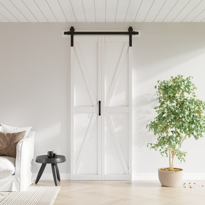 Porte de placard pliante de style grange, blanche, en forme de K, à âme pleine, 91,4 cm x 213,4 cm, avec trousse de quincaillerie d'installation (idéale pour le garde-manger, la buanderie et autres pièces).