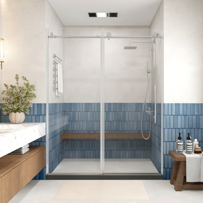 56 à 60 po X P 76 po H Porte de douche coulissante sans cadre en nickel brossé avec verre transparent 3/8