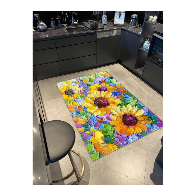 Floral Yellow White Blooming Flower Patterned Decorative And Woven Base Washable Carpet, Rectangle 4' x 5'11"