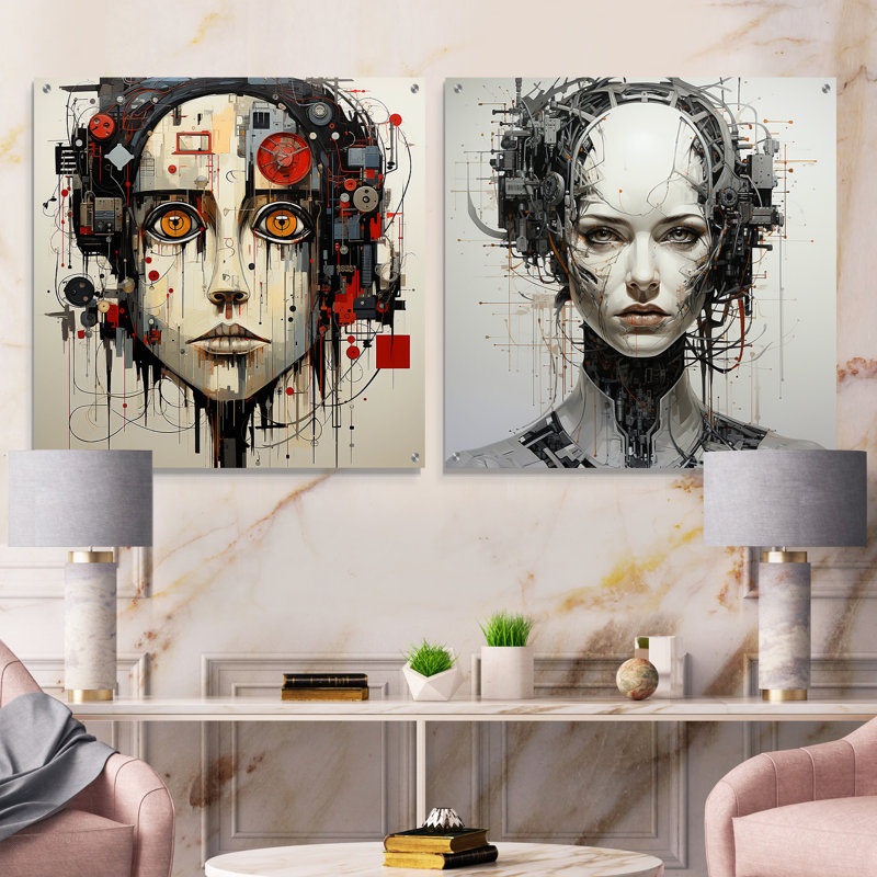 Robotic Minimalism Portrait - Robot Acrylic Wall Art Glass Set Of 2, 16" H x 33" W