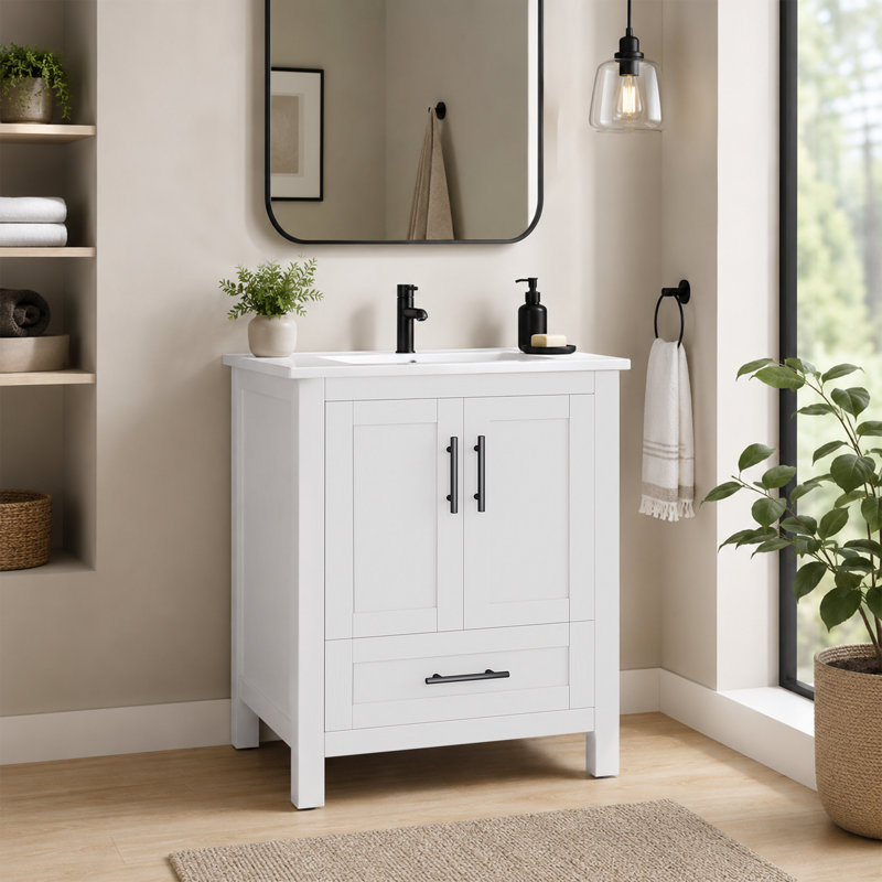 Ensemble de meuble-lavabo sur pied simple 24 po avec lavabo en céramique blanc, contreplaqué de bois franc, portes à fermeture douce et rangement réglable intérieur