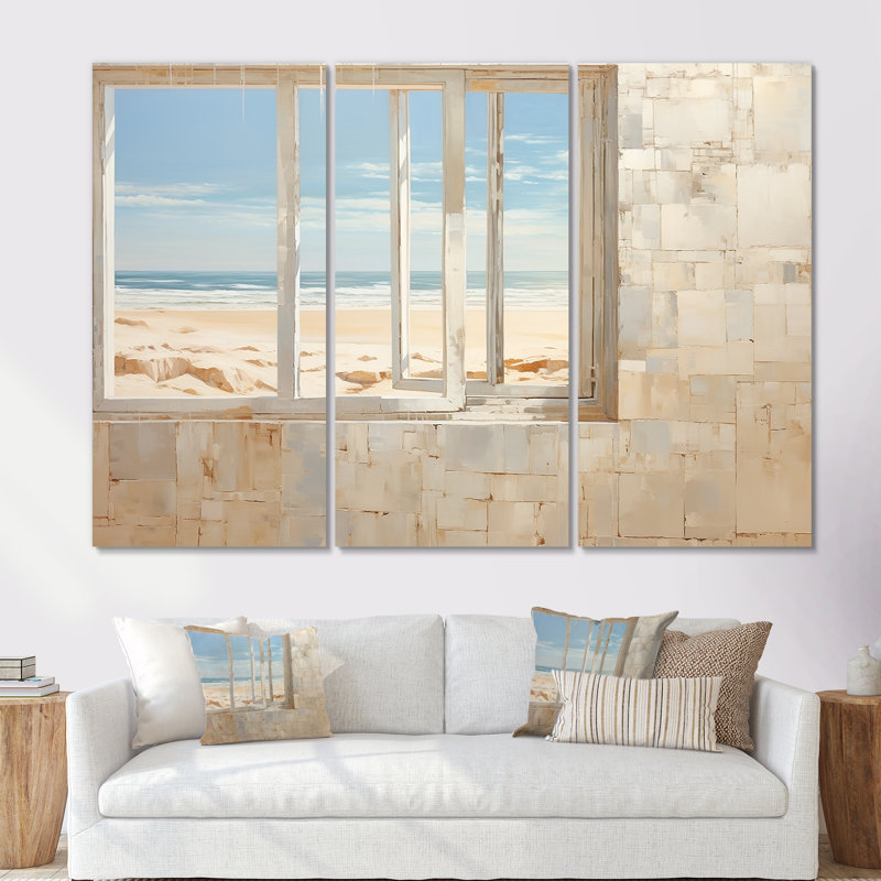 «Beach Windows Horizon I - Coastal Windows», ensemble d'art mural, Toile tendue, H 32 po x l 48 po x P 1 po